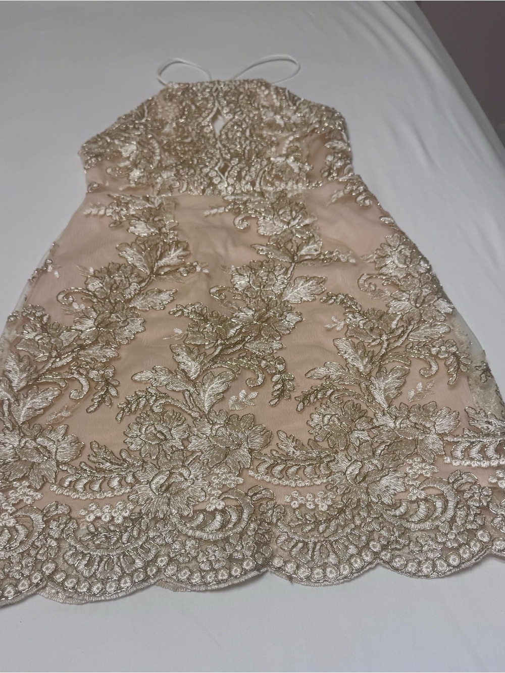 Gold Embellished Halter Mini Dress in Champagne - Size Small - Picture 7 of 7